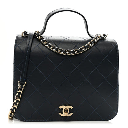 Chanel Calfskin Quilted Double Pocket Top Handle Flap Blue 1 of 11