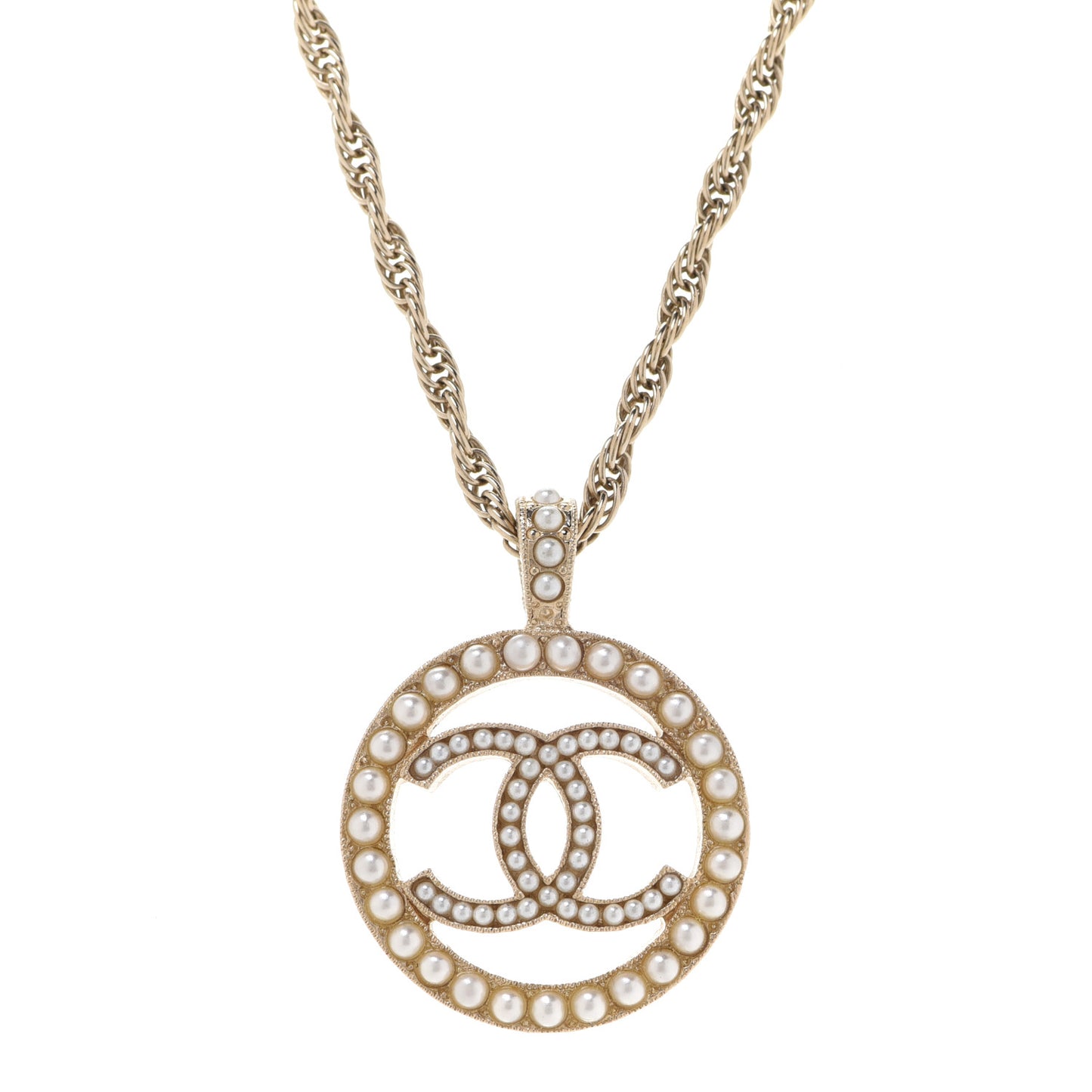 Pearl CC Round Pendant Necklace Gold