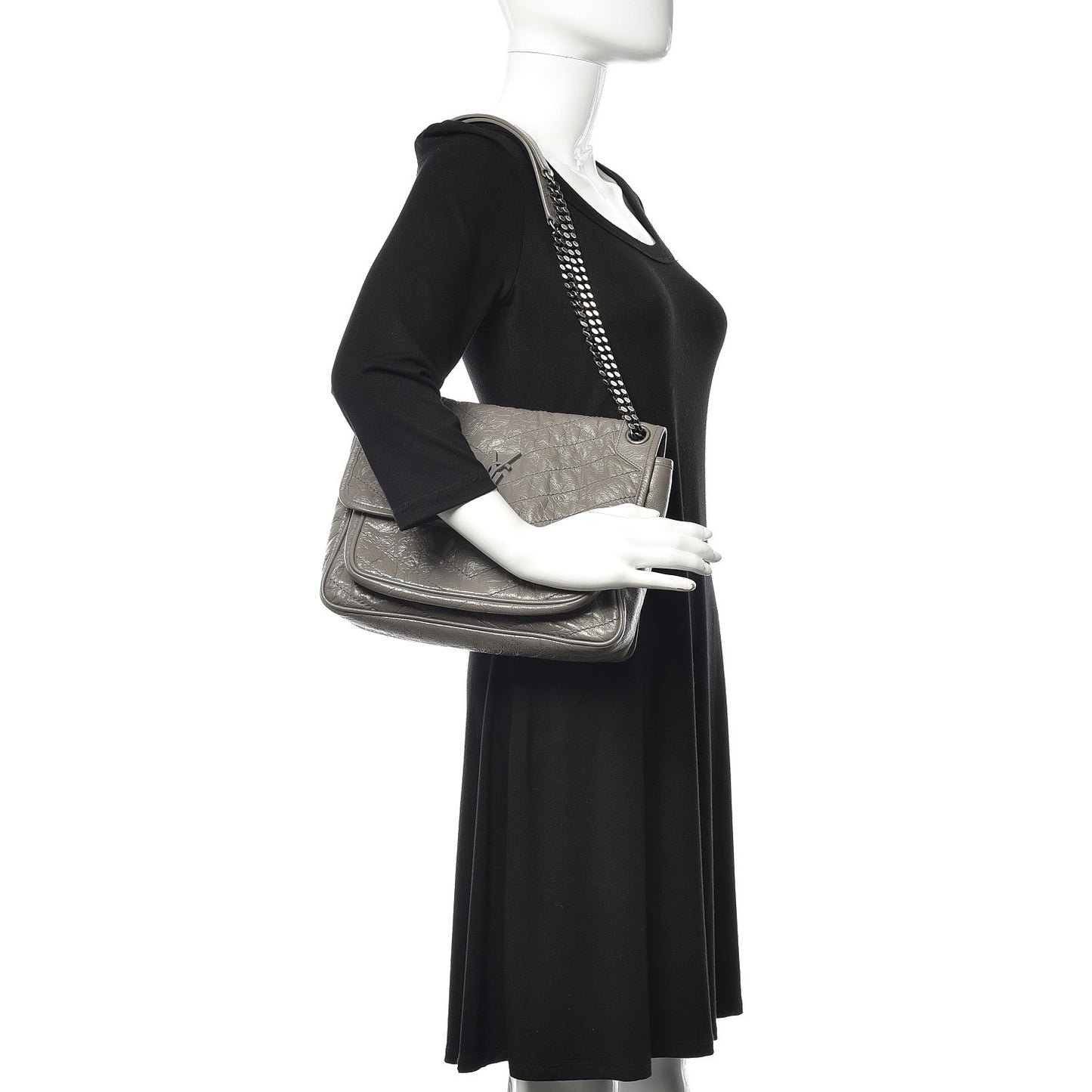 Crinkled Calfskin Matelasse Monogram Medium Niki Chain Satchel Fog
