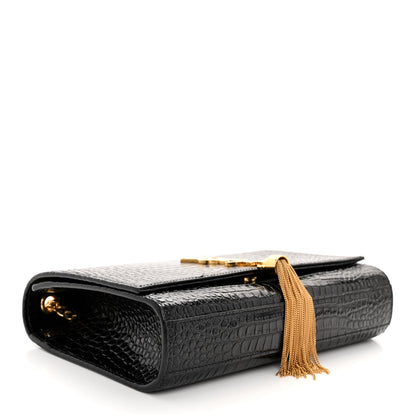 Saint Laurent Calfskin Crocodile Embossed Medium Classic Monogram Kate Tassel Satchel Black 4 of 9