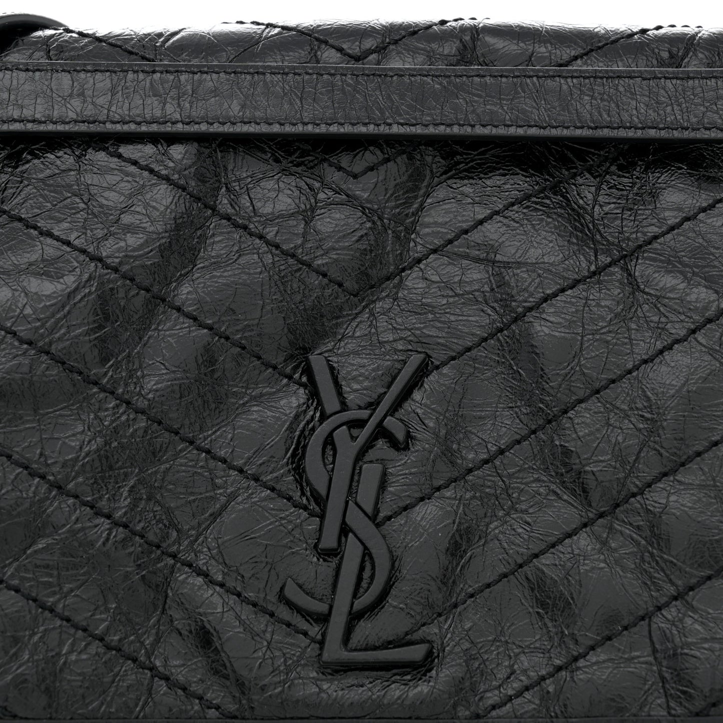 Crinkled Calfskin Matelasse Monogram Large Niki Chain Satchel Black
