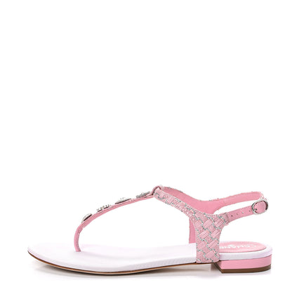 Chanel Tweed CC Charm Thong Sandals 39.5 Pink Silver 1 of 10