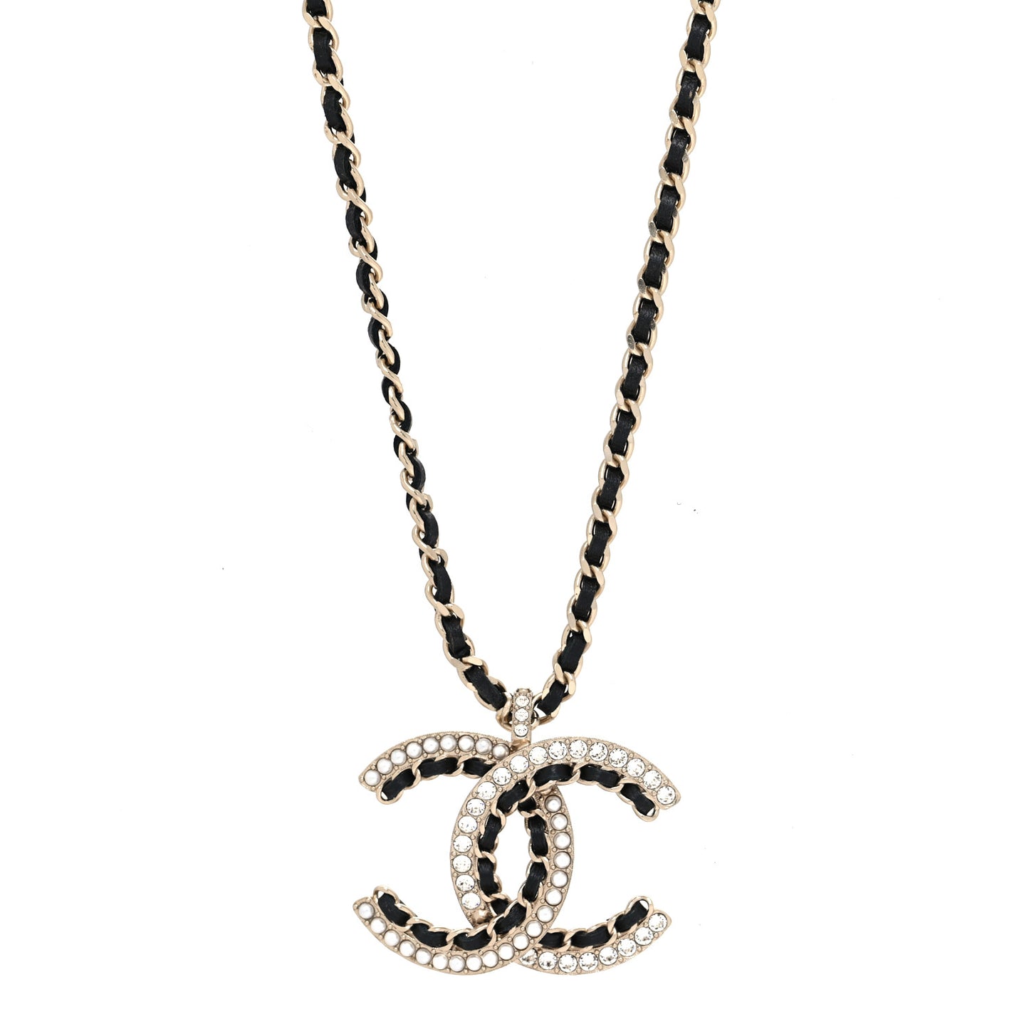 Lambskin Crystal CC Chain Pendant Necklace Black Gold