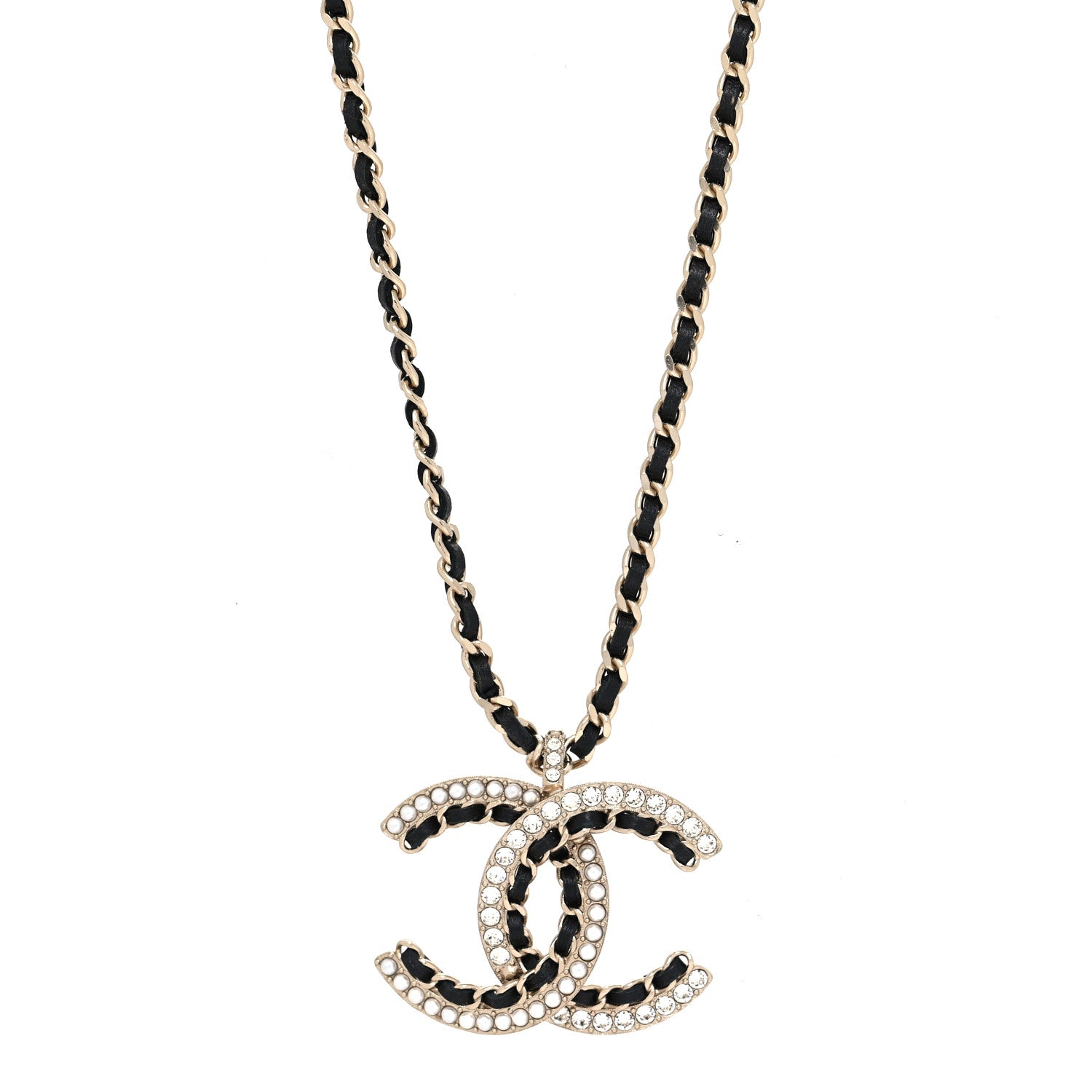Chanel Lambskin Crystal CC Chain Pendant Necklace Black Gold 1 of 5