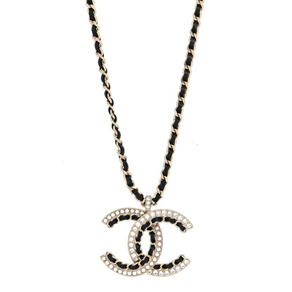 Chanel Lambskin Crystal CC Chain Pendant Necklace Black Gold 1 of 5