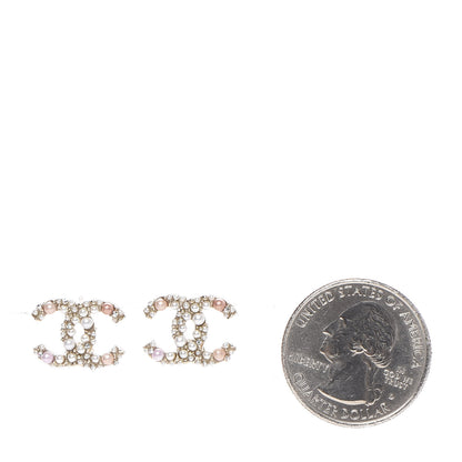 Chanel Pearl Crystal CC Charms Stud Earrings Light Gold Pink 2 of 5