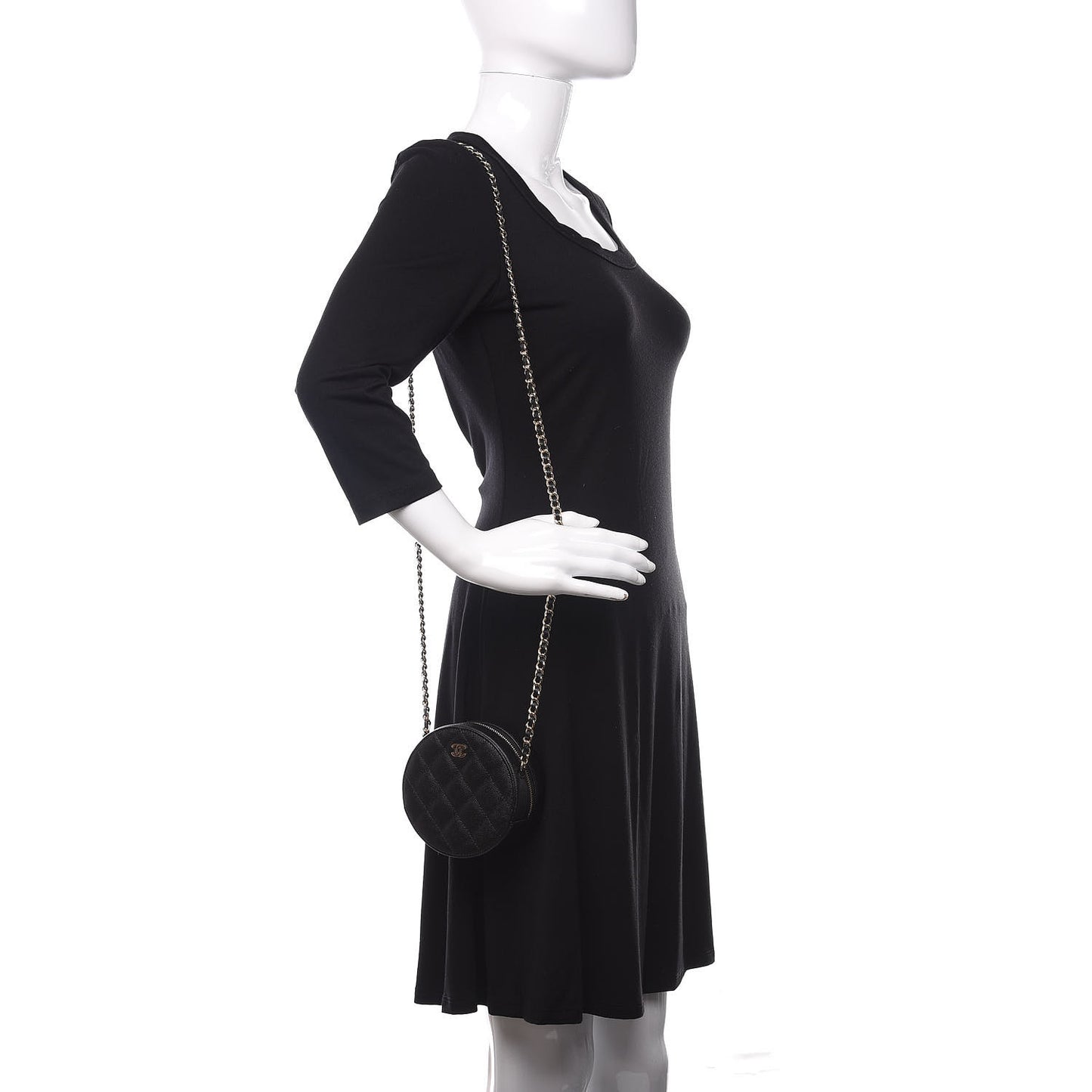 Caviar Quilted Round Clutch With Chain Black