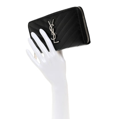 Saint Laurent Grain De Poudre Matelasse Chevron Monogram Zip Around Wallet Black 2 of 8