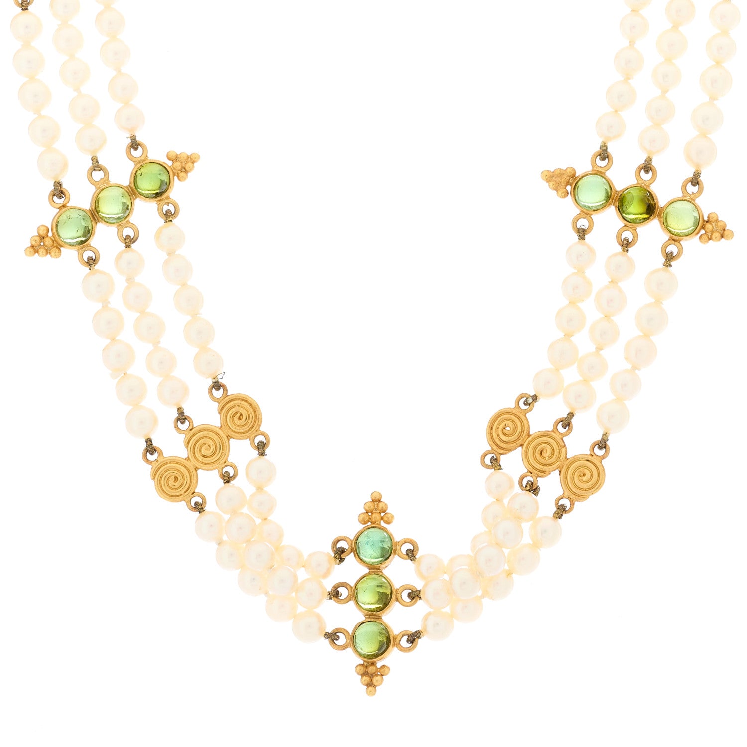 Temple St. Clair 22K Yellow Gold Pearl Green Tourmaline 3 Strand Choker Necklace 1 of 5