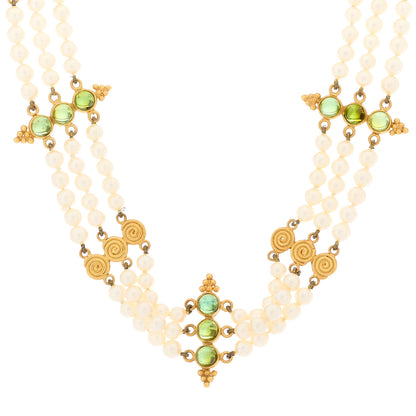 Temple St. Clair 22K Yellow Gold Pearl Green Tourmaline 3 Strand Choker Necklace 1 of 5