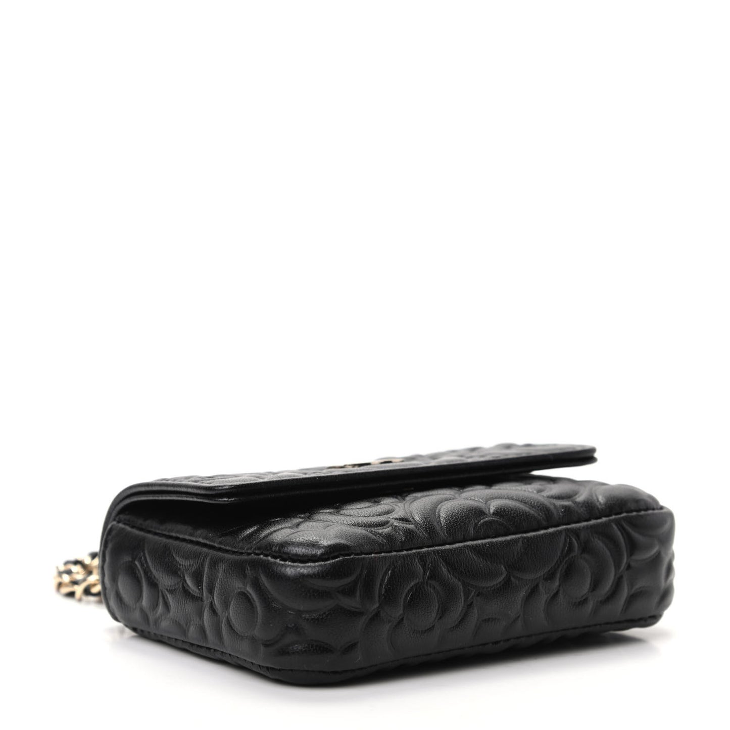 Lambskin Camellia Embossed Chain Belt Bag Black