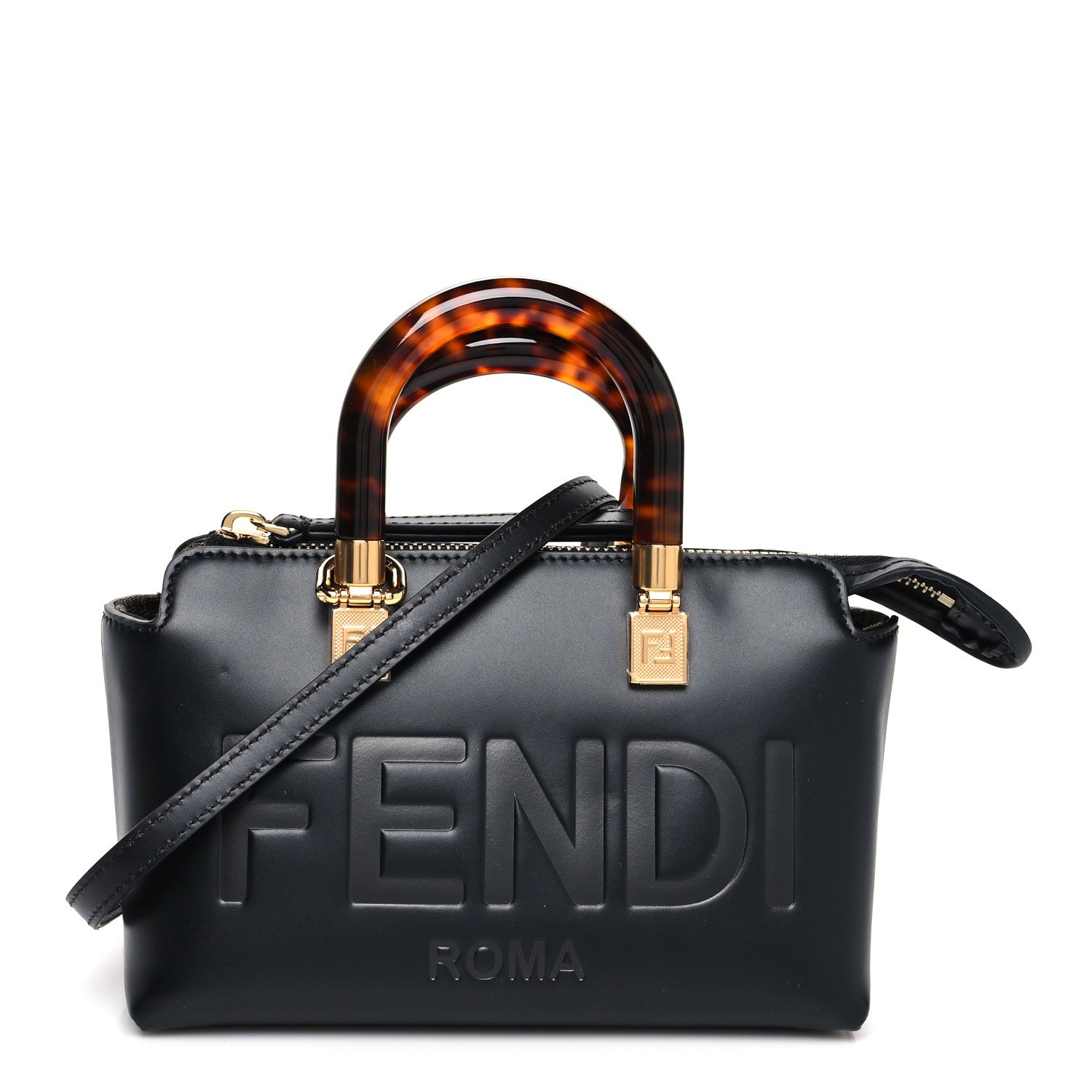 Fendi Vitello King Plexiglass Logo Embossed Mini By The Way Top Handle Boston Bag Black 1 of 10