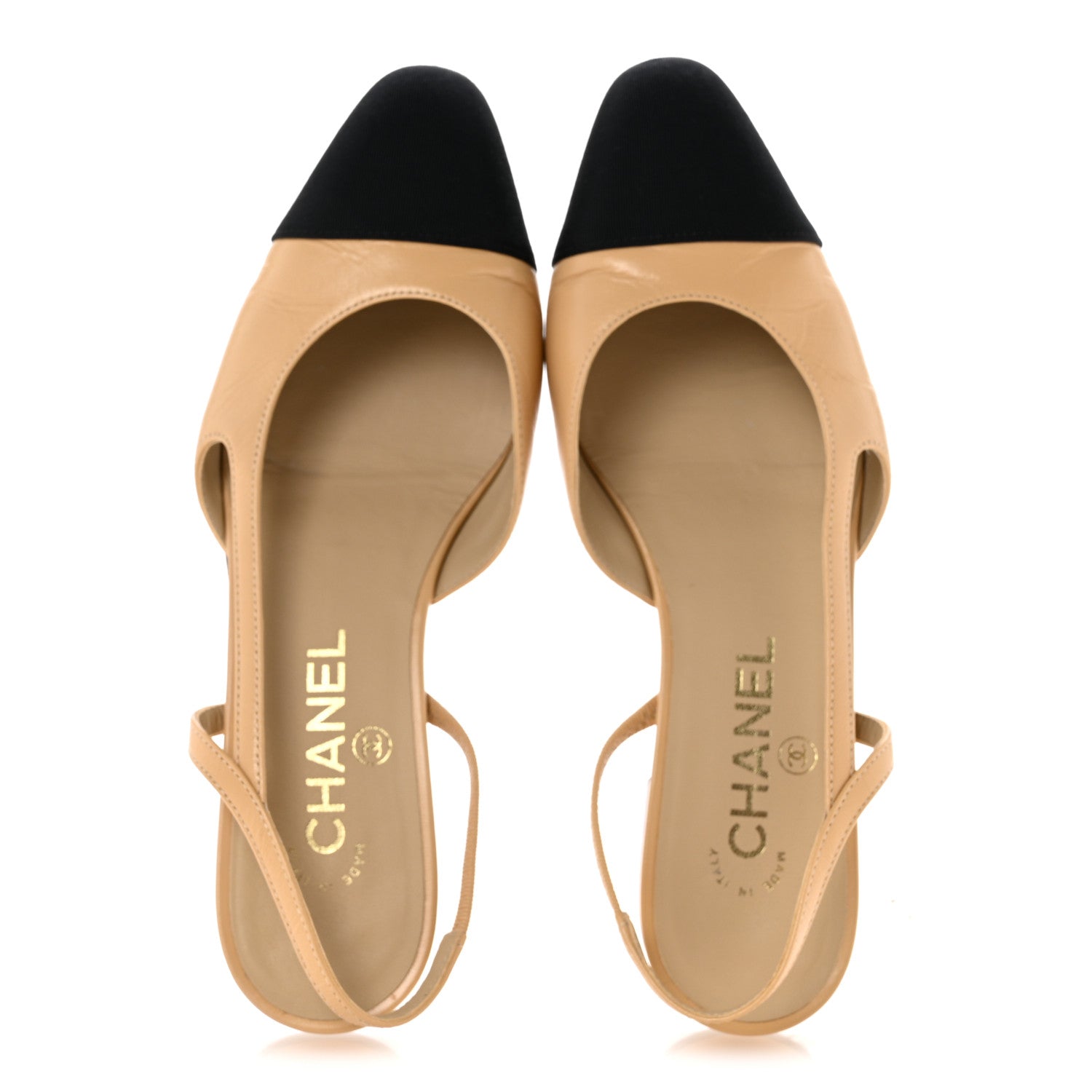 Chanel Goatskin Grosgrain Cap Toe CC Slingback Pumps 37.5 Beige Black 2 of 9