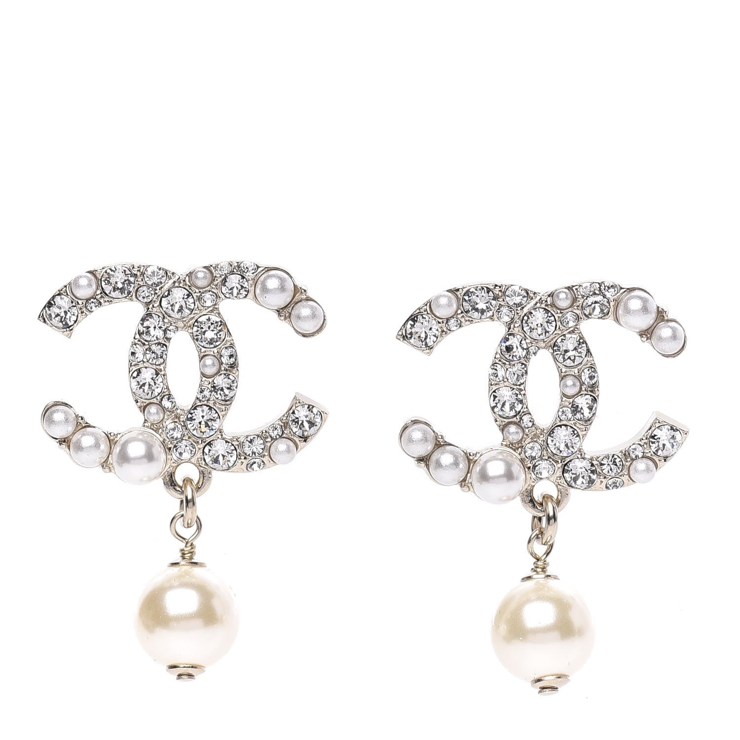 Chanel Crystal Pearl CC Drop Earrings Gold 1 of 5