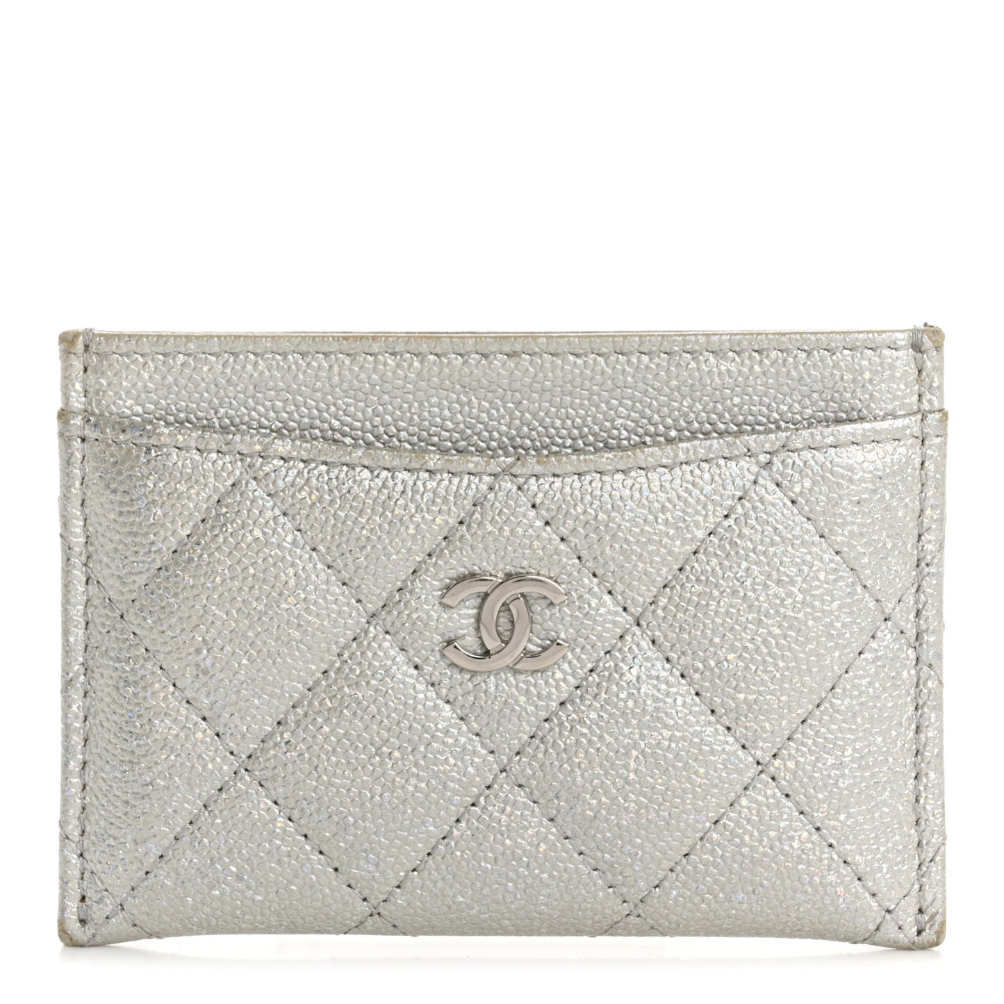 Glittered Metallic Caviar Quilted Card Holder Silver