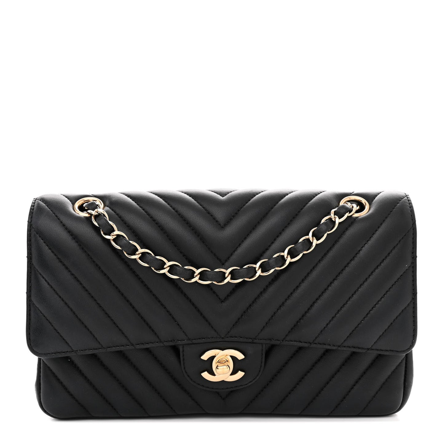 Lambskin Chevron Quilted Medium Double Flap Black