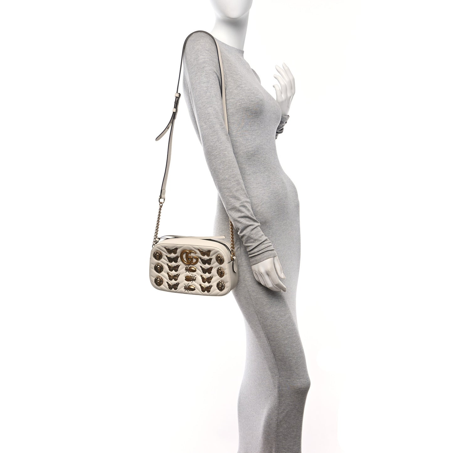 Calfskin Matelasse Animal Studs Small GG Marmont Chain Shoulder Bag White