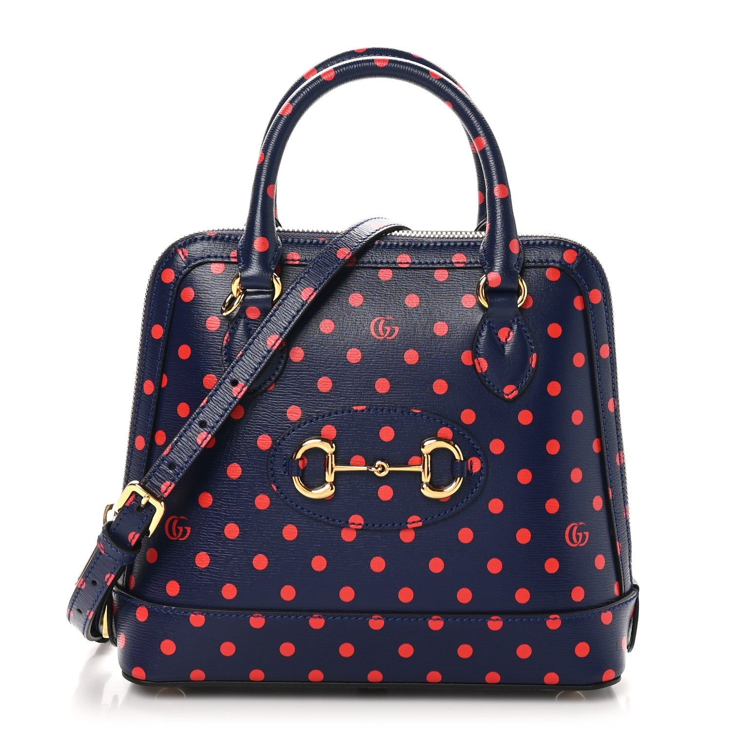 Gucci Shangai Calfskin Polka Dot Small Horsebit 1955 Top Handle Bag Blue Red 1 of 10