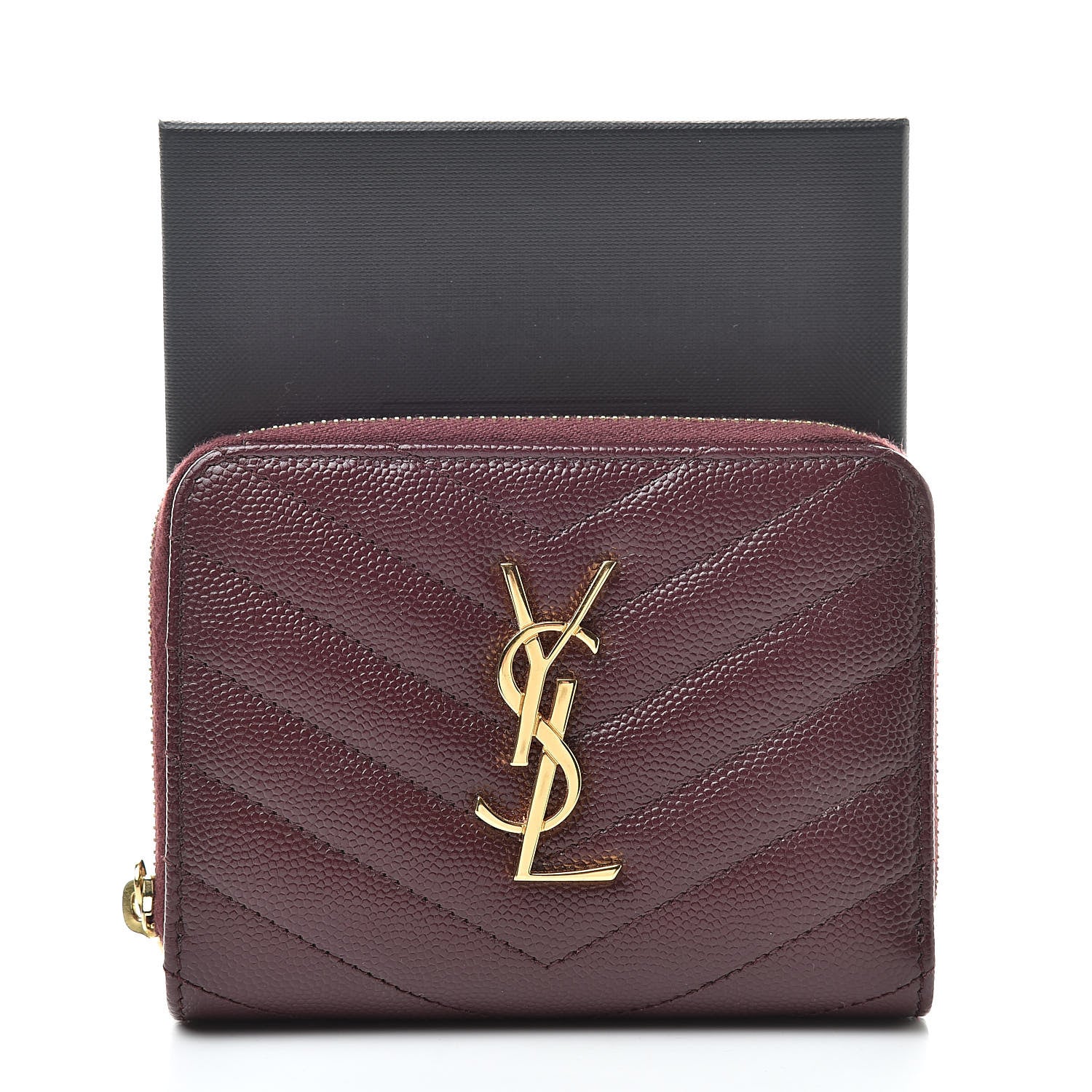 Saint Laurent Grain De Poudre Matelasse Chevron Monogram Compact Zip Around Wallet Rouge Legion 9 of 9