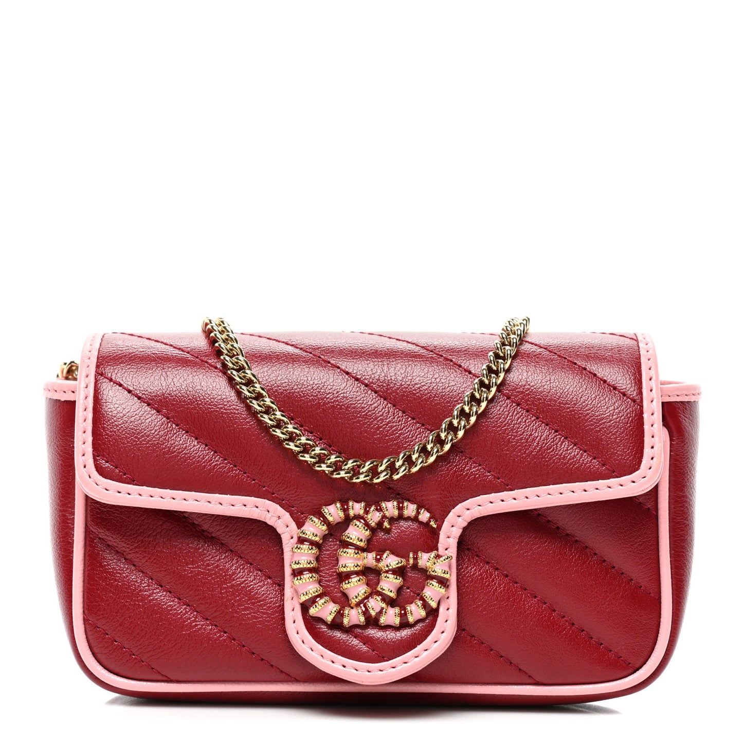 Azalea Calfskin Enamel Matelasse Diagonal Super Mini Torchon GG Marmont Shoulder Bag New Cherry Red Wild Rose
