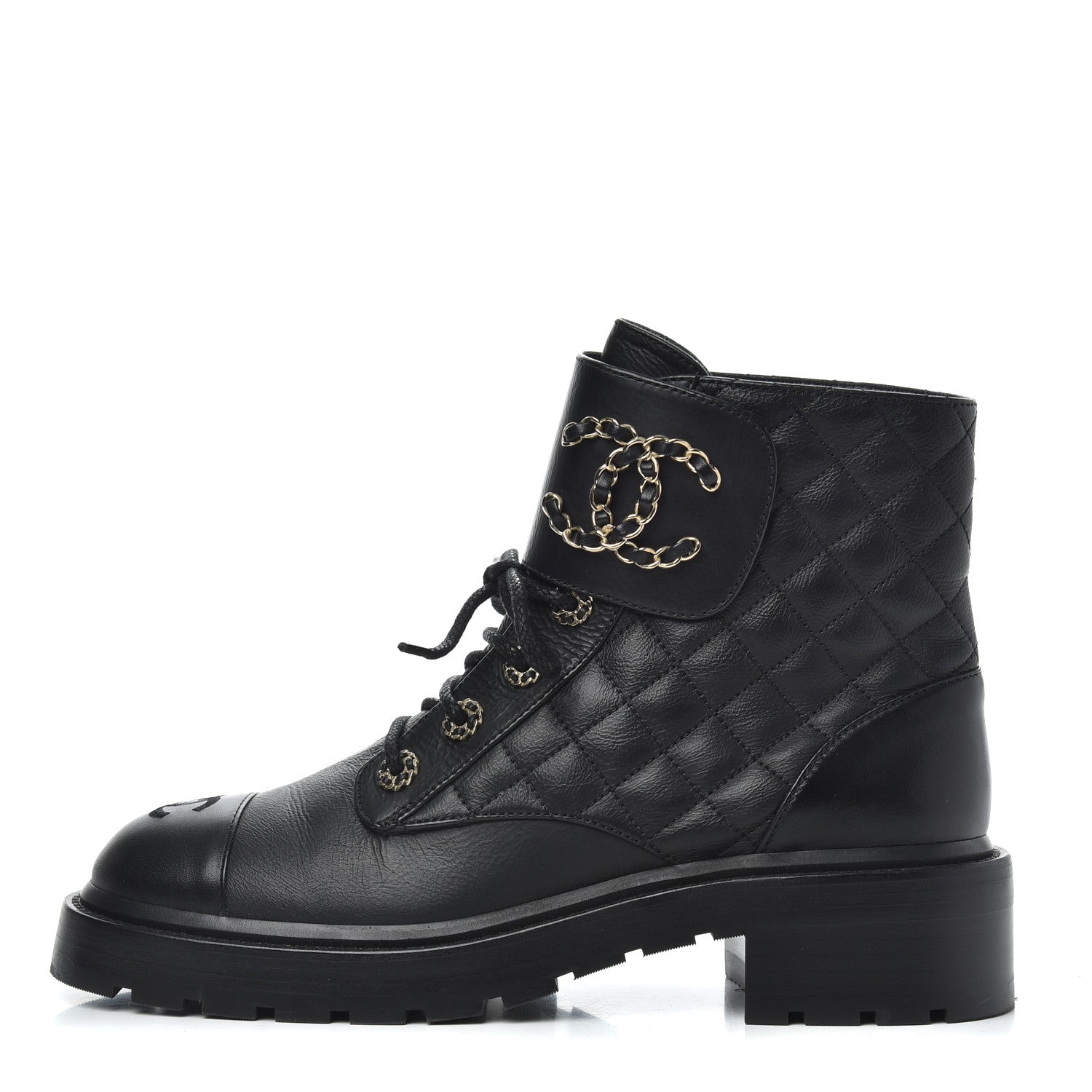 Chanel Shiny Goatskin Calfskin Quilted Lace Up Combat Boots 39 Black 1 of 10