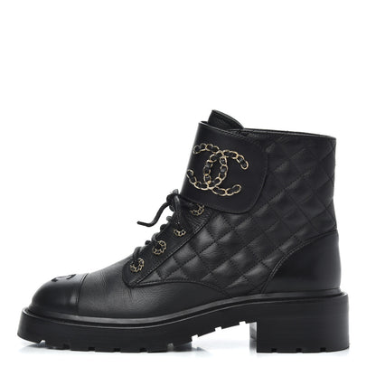 Chanel Shiny Goatskin Calfskin Quilted Lace Up Combat Boots 39 Black 1 of 10