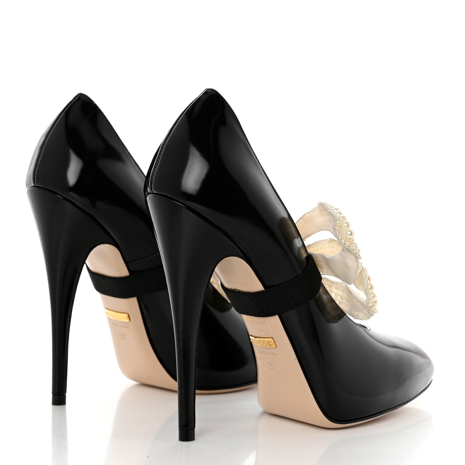 Gucci Polished Calfskin Removable Pearly Bow Elaisa Platform High Heel Pumps 37 Black 4 of 9