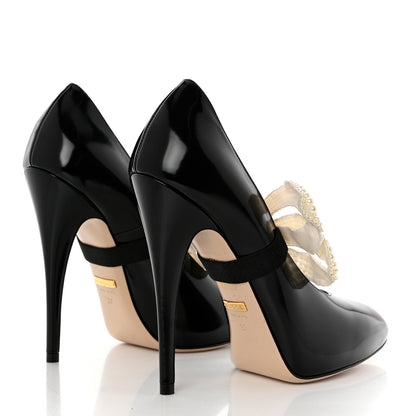 Gucci Polished Calfskin Removable Pearly Bow Elaisa Platform High Heel Pumps 37 Black 4 of 9
