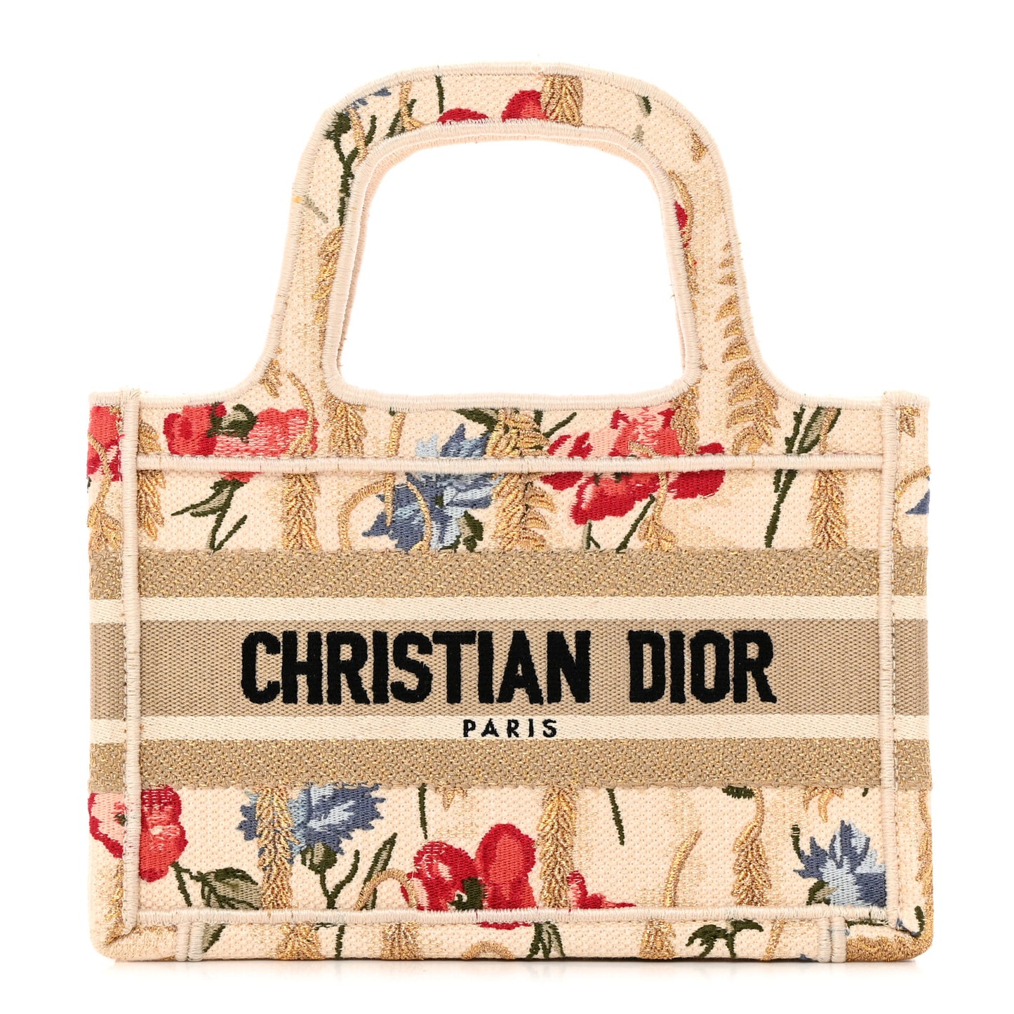 Canvas Embroidered Hibiscus Printed Mini Book Tote Beige Multicolor Multicolor