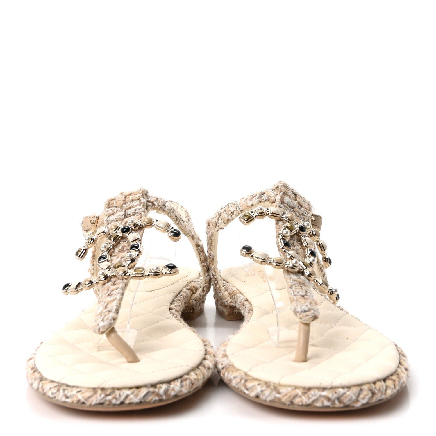Chanel Tweed Pearl CC Thong Sandals 39 Ivory 3 of 9