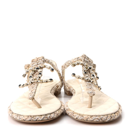 Chanel Tweed Pearl CC Thong Sandals 39 Ivory 3 of 9