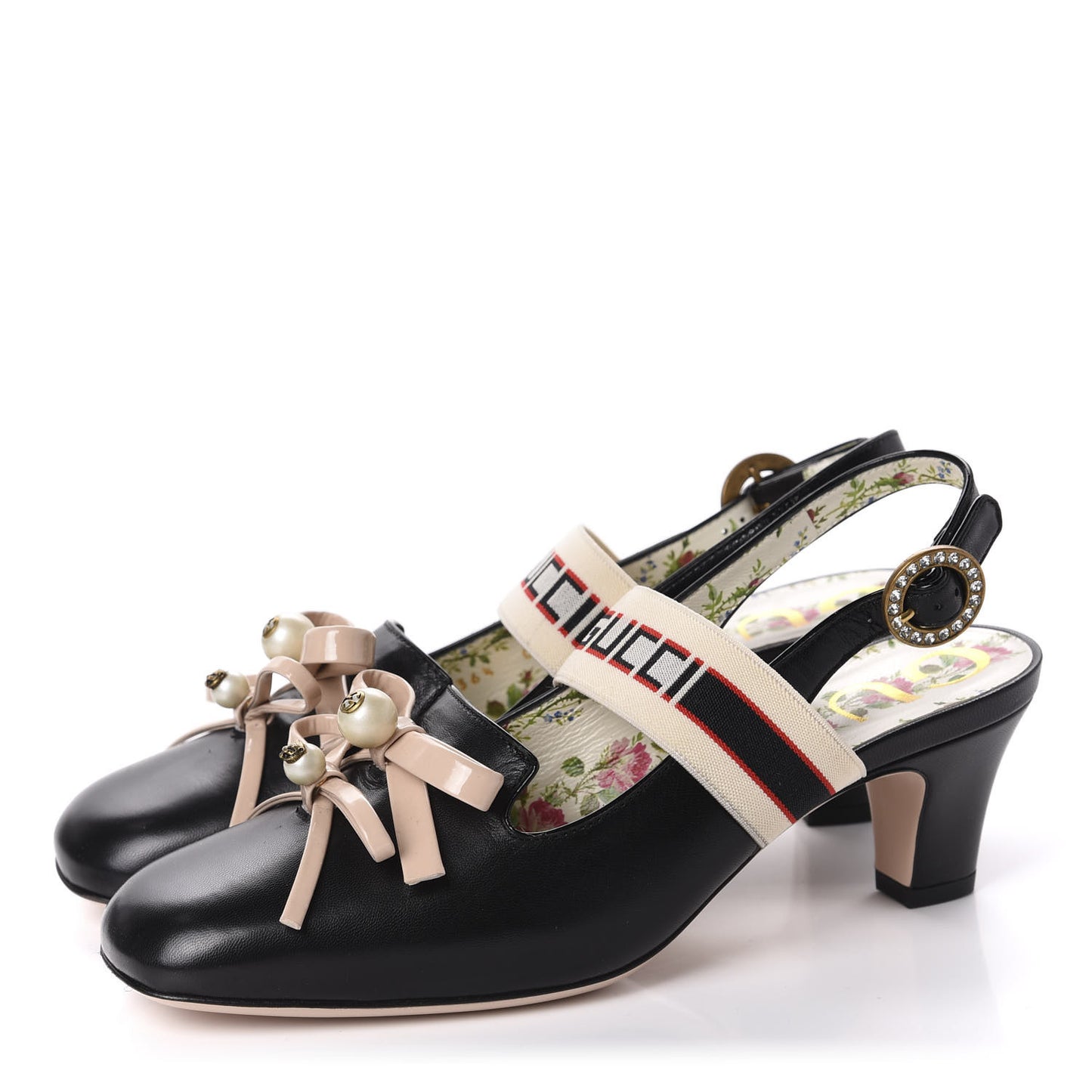 Malaga Kid Bow Ace Stripe Mid Heel Slingback Pumps 36.5 Black
