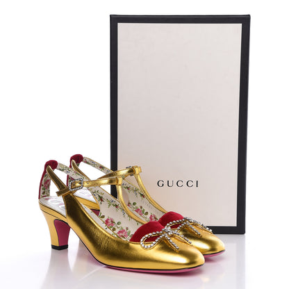 Gucci Metallic Nappa Velvet Crystal Bow Anita Pumps 39.5 Gold 11 of 11