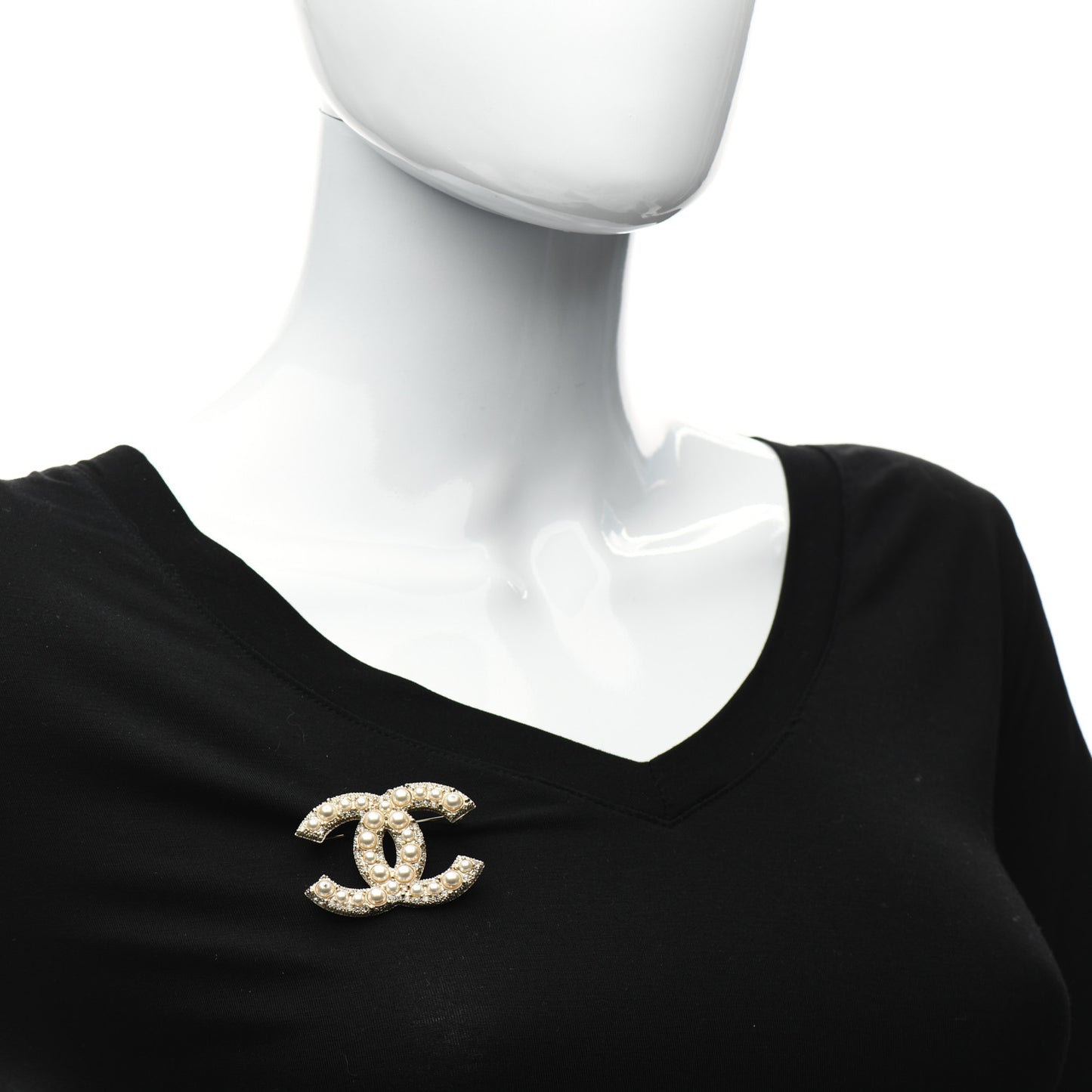 Metal Crystal Graduated Pearl CC Brooch Gold