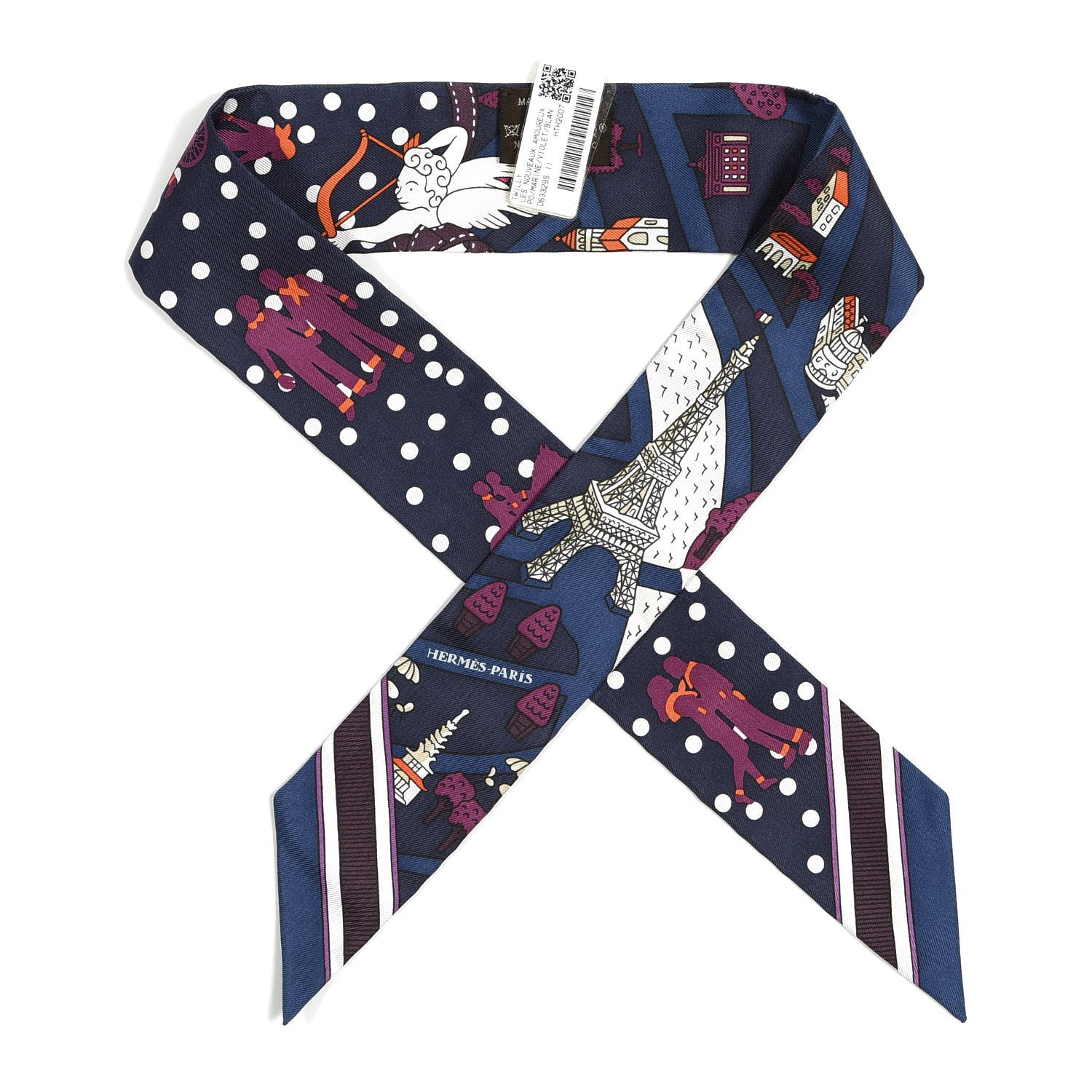 Hermes Silk Les Nouveaux Amoureux de Paris Twilly Marine Violet White 1 of 4