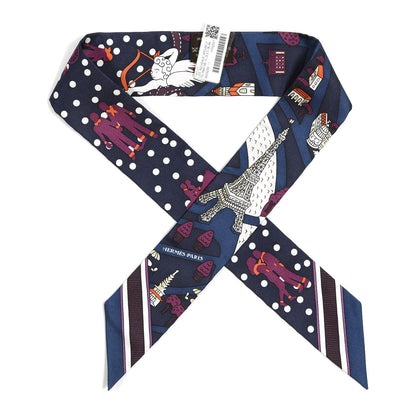 Hermes Silk Les Nouveaux Amoureux de Paris Twilly Marine Violet White 1 of 4