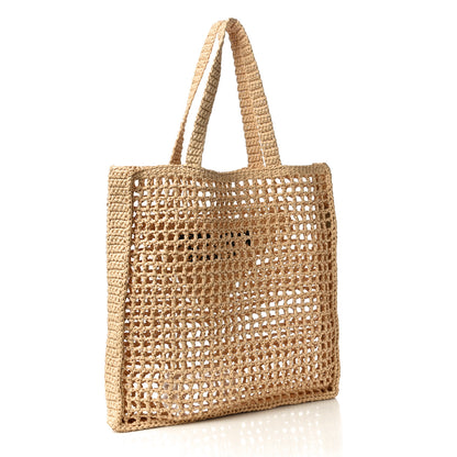 Prada Yarn Raffia Effect Crochet Logo Embroidered Tote Bag Naturale 3 of 9