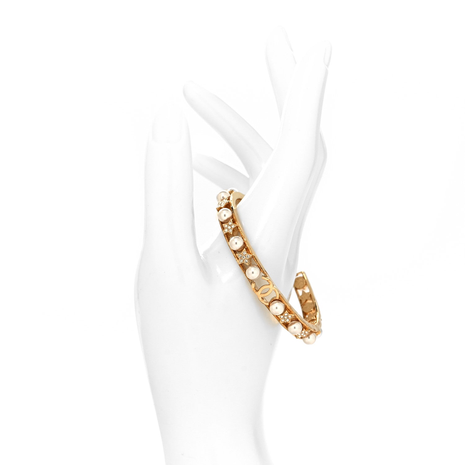 Chanel Pearl Crystal CC Star Cuff Bracelet Gold 2 of 5