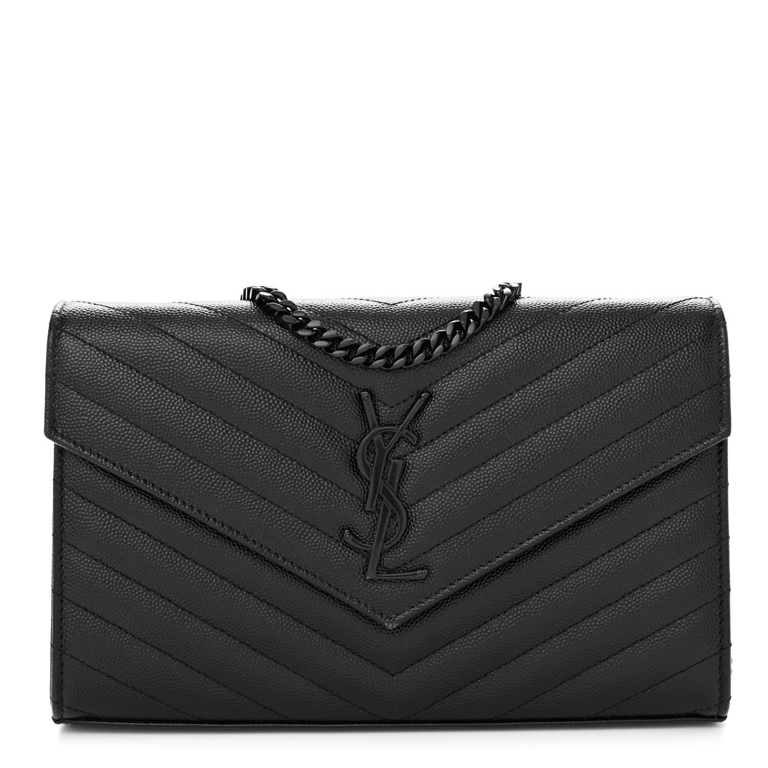 Saint Laurent Grain De Poudre Matelasse Chevron Monogram Monochrome Chain Wallet Black 1 of 11