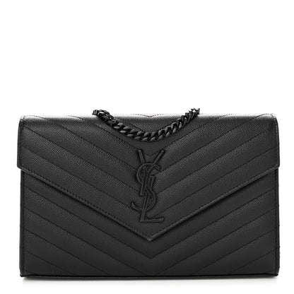 Saint Laurent Grain De Poudre Matelasse Chevron Monogram Monochrome Chain Wallet Black 1 of 11