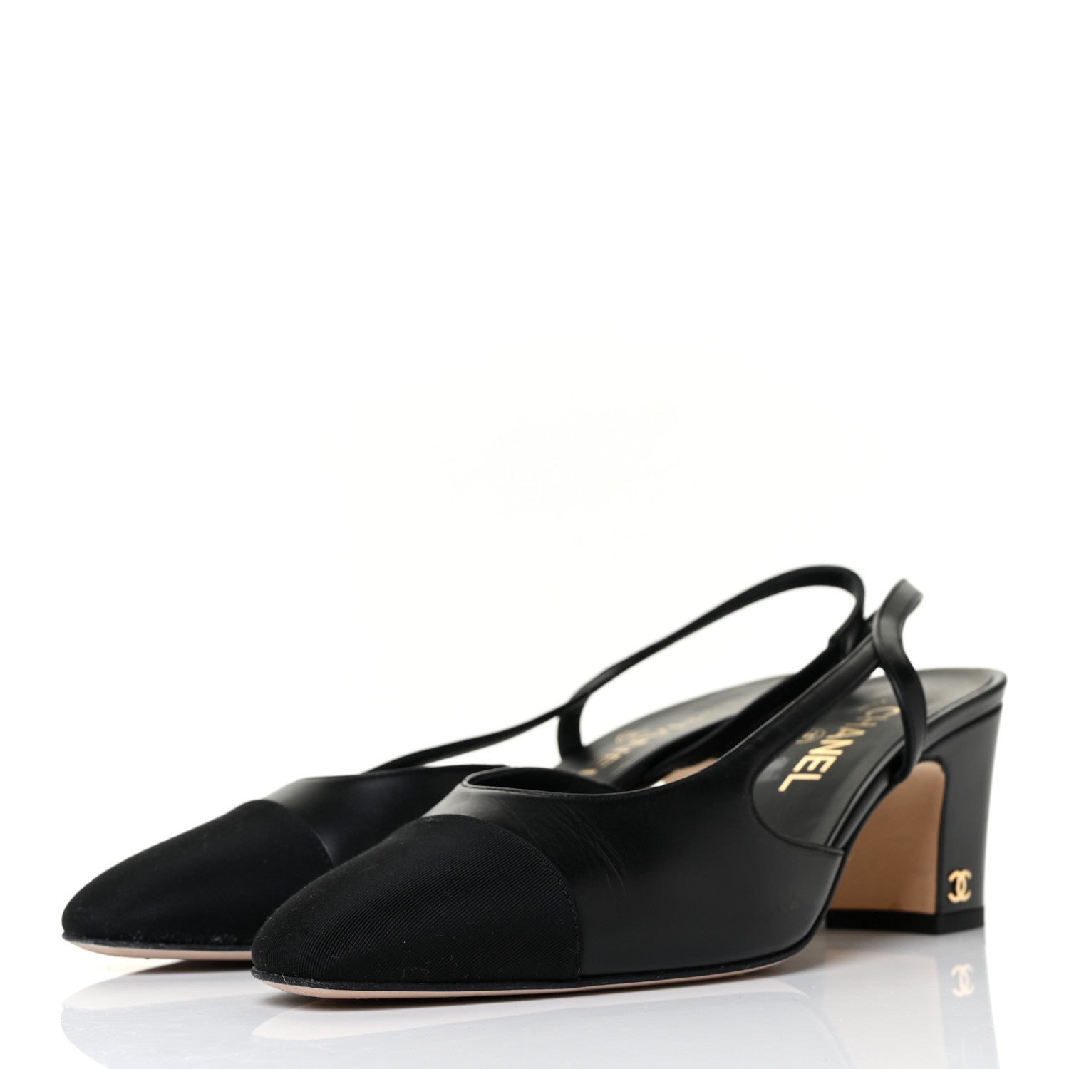 Chanel Goatskin Grosgrain Cap Toe CC Slingback Sandals 38.5 Black 3 of 9