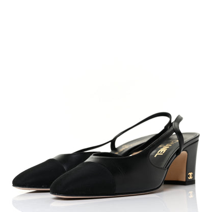 Chanel Goatskin Grosgrain Cap Toe CC Slingback Sandals 38.5 Black 3 of 9