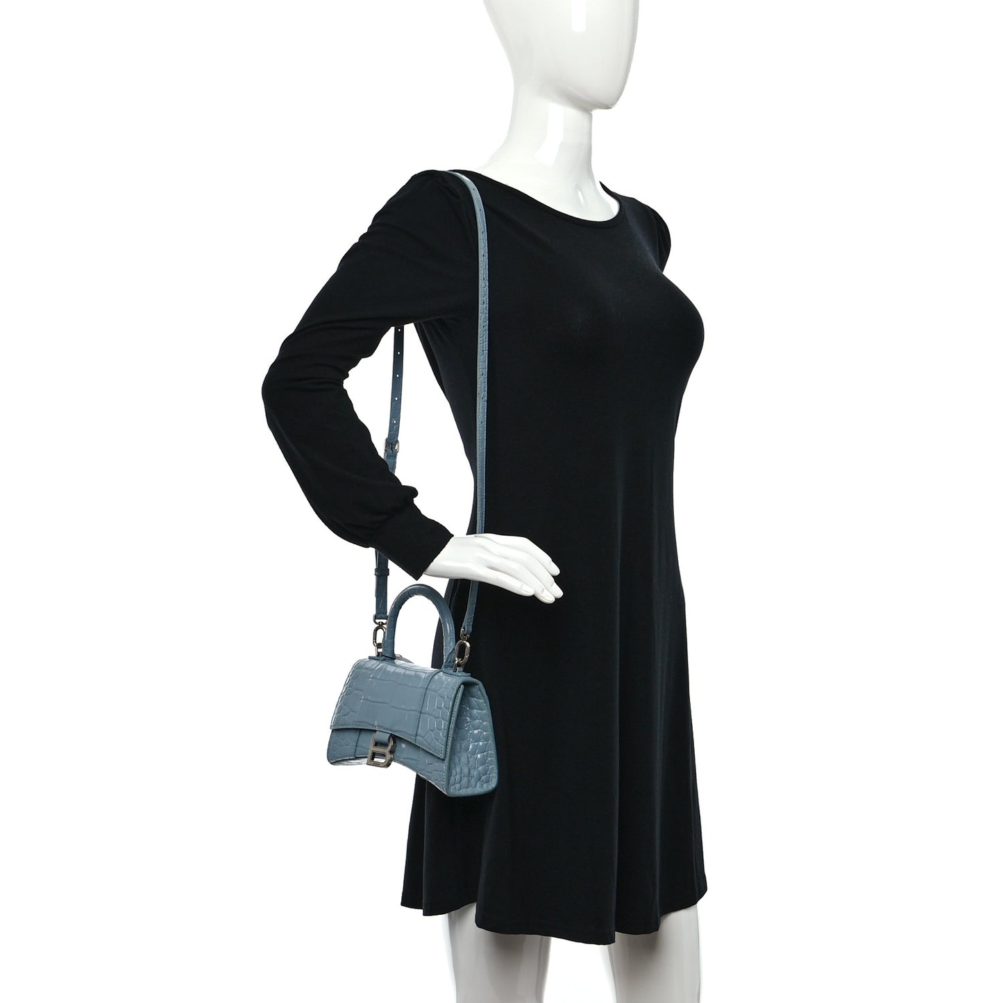 Shiny Calfskin Crocodile Embossed Hourglass Top Handle Bag XS Blue Grey
