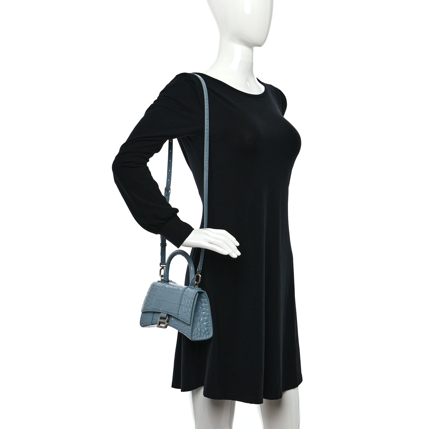 Balenciaga Shiny Calfskin Crocodile Embossed Hourglass Top Handle Bag XS Blue Grey 2 of 15