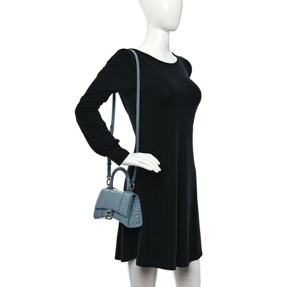 Balenciaga Shiny Calfskin Crocodile Embossed Hourglass Top Handle Bag XS Blue Grey 2 of 15