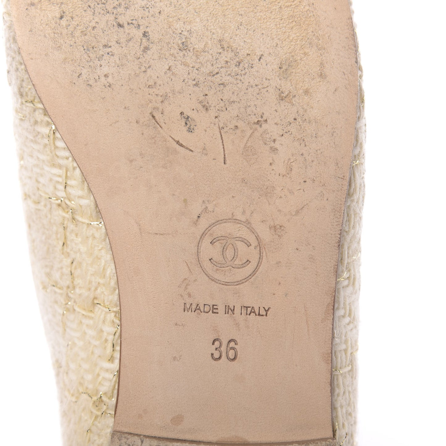 Tweed Metallic Lambskin CC Cap Toe Ballerina Flats 36 Beige Gold