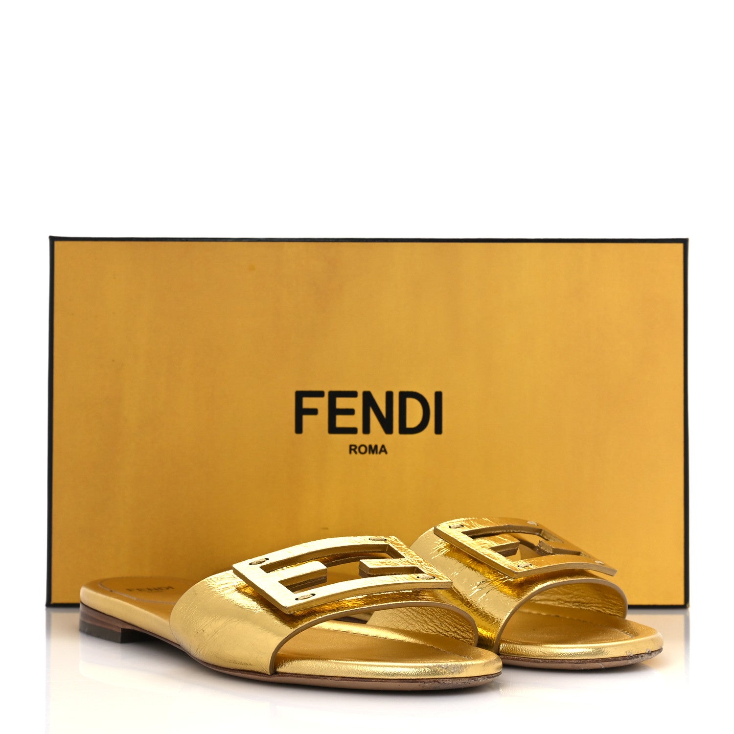 Fendi Nappa Laminata Cuoio Baguette Flat Slide Sandals 38 Gold 11 of 11