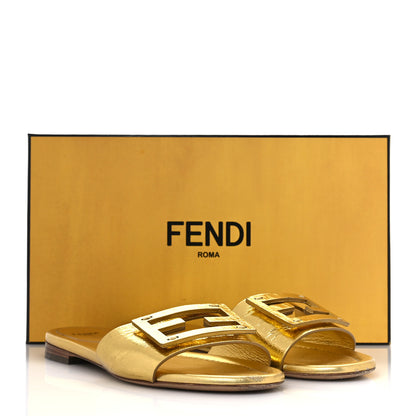 Fendi Nappa Laminata Cuoio Baguette Flat Slide Sandals 38 Gold 11 of 11