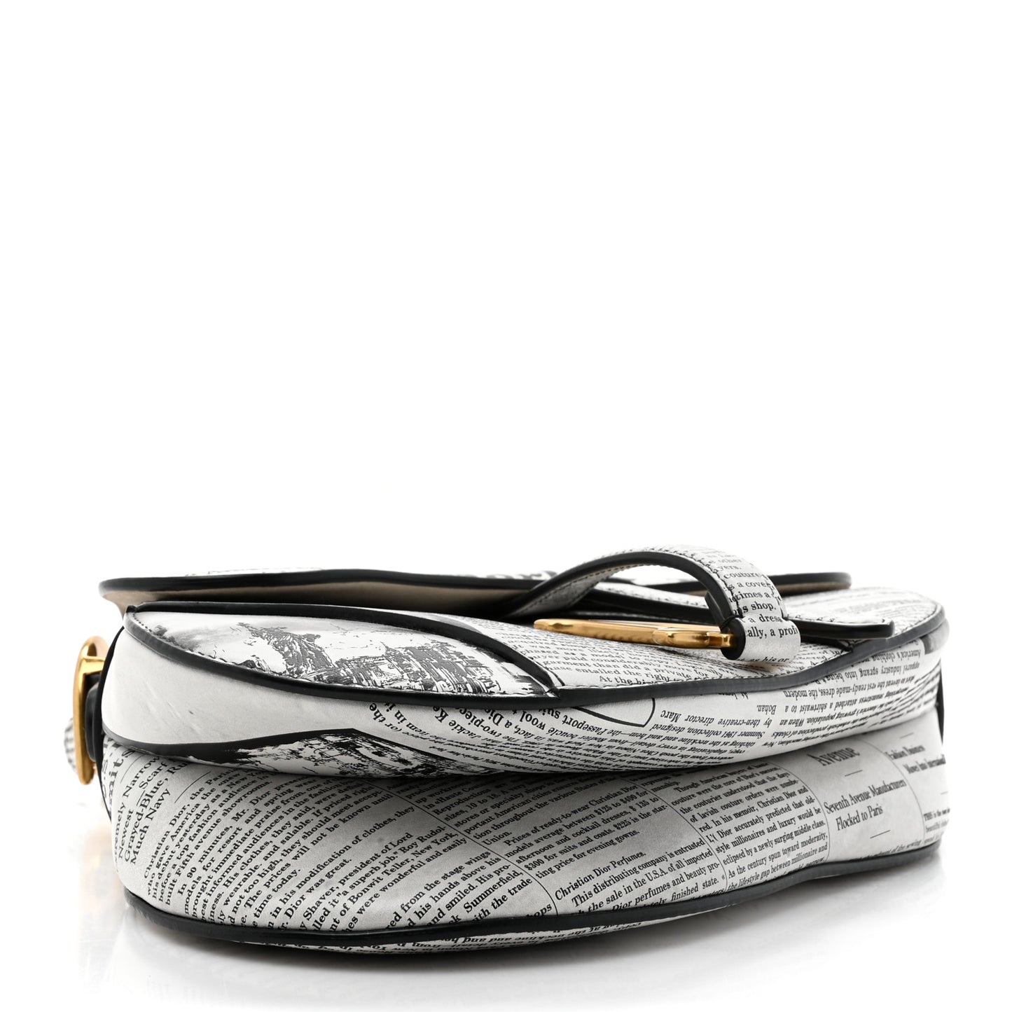Calfskin Newspaper Printed Saddle Bag With Strap Black White