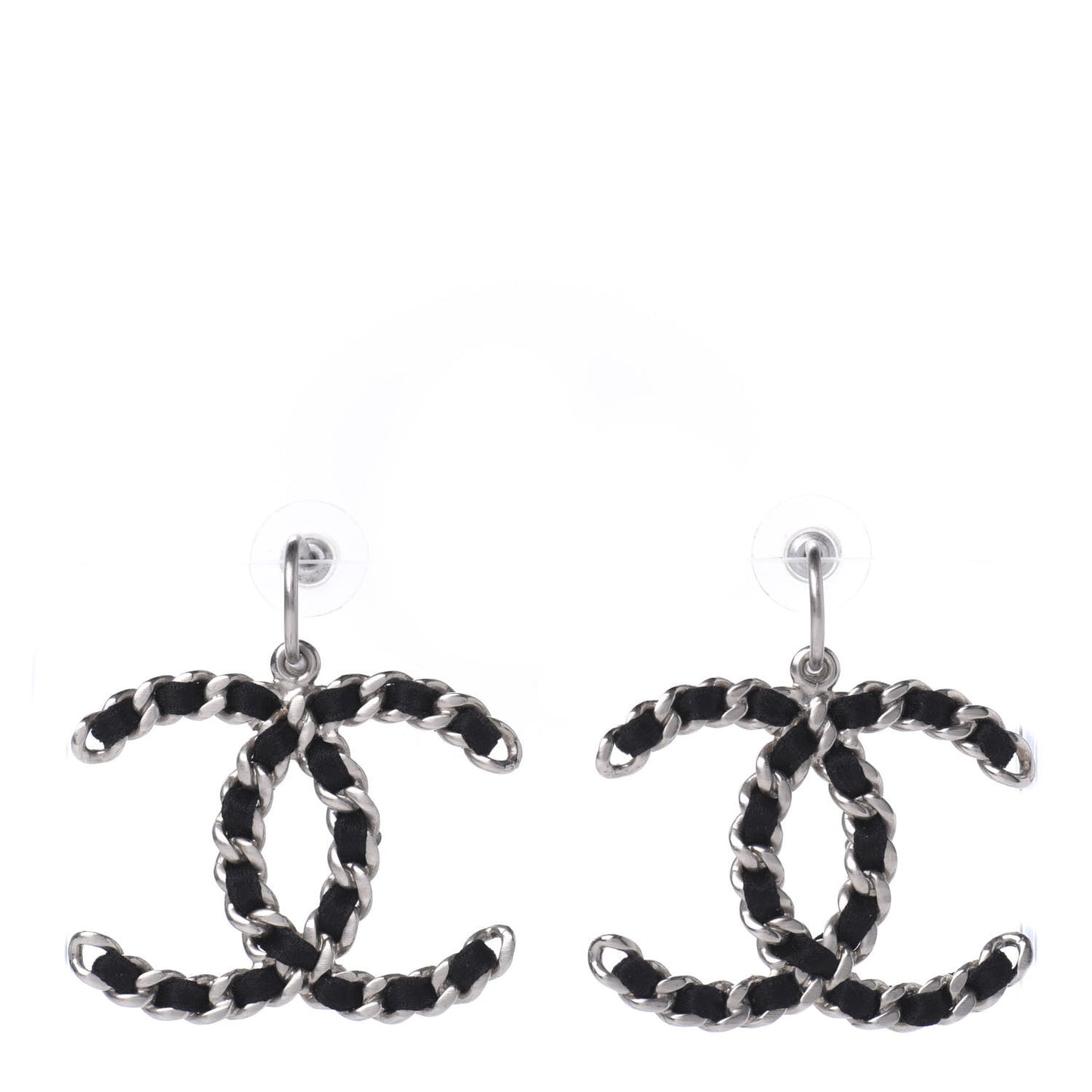 Satin CC Chain Earrings Silver Black